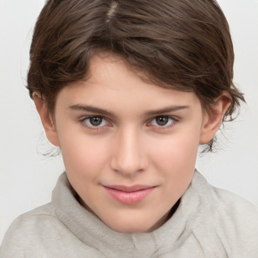 Joyful white child female with medium  brown hair and brown eyes