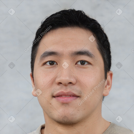 Neutral asian young-adult male with short  black hair and brown eyes