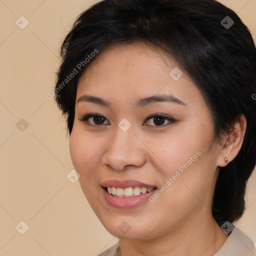 Joyful white young-adult female with medium  brown hair and brown eyes