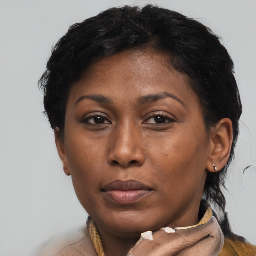 Joyful black young-adult female with short  brown hair and brown eyes