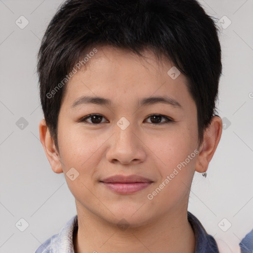 Joyful asian young-adult female with short  brown hair and brown eyes