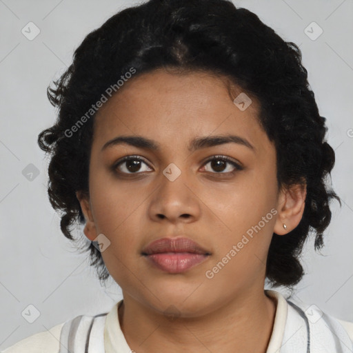 Neutral latino young-adult female with short  brown hair and brown eyes