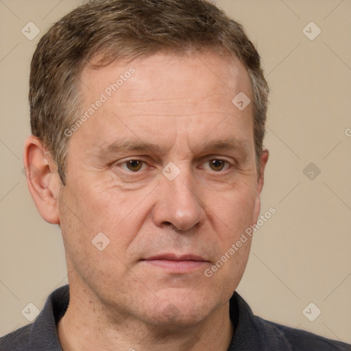 Neutral white middle-aged male with short  brown hair and brown eyes