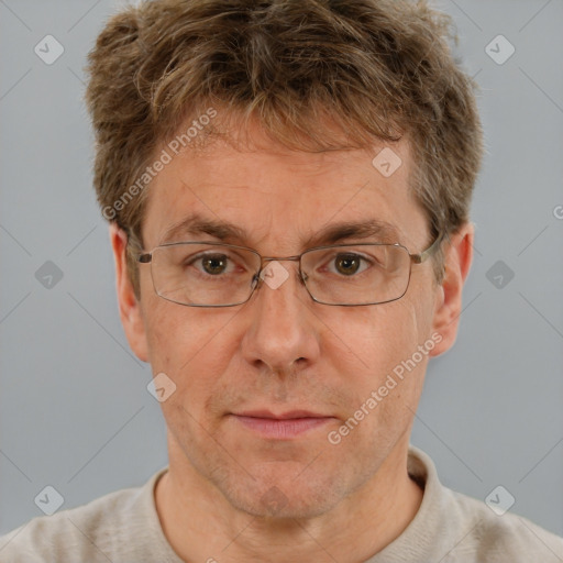 Neutral white middle-aged male with short  brown hair and brown eyes