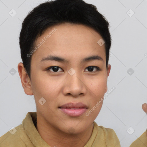 Joyful asian young-adult female with short  brown hair and brown eyes