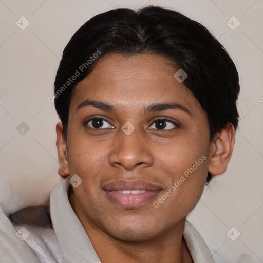 Joyful latino young-adult female with short  brown hair and brown eyes