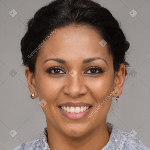 Joyful latino young-adult female with short  brown hair and brown eyes