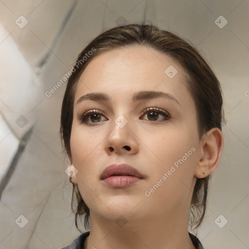 Neutral white young-adult female with medium  brown hair and brown eyes