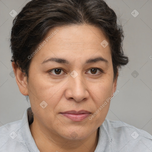 Joyful white adult female with short  brown hair and brown eyes