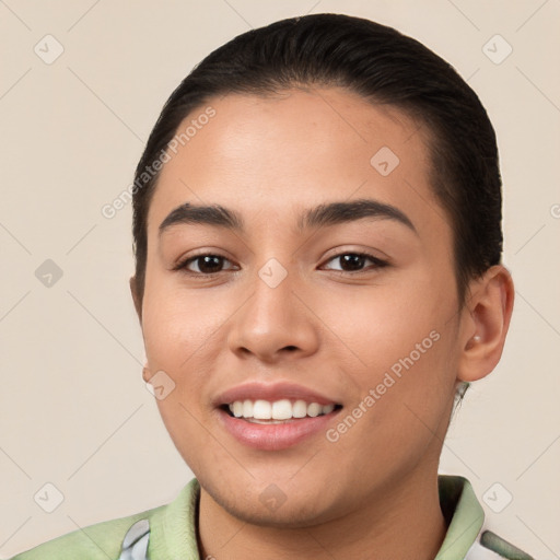 Joyful white young-adult female with short  brown hair and brown eyes