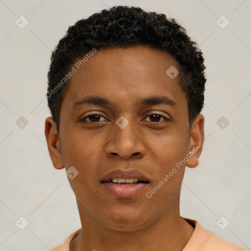 Neutral black young-adult male with short  black hair and brown eyes