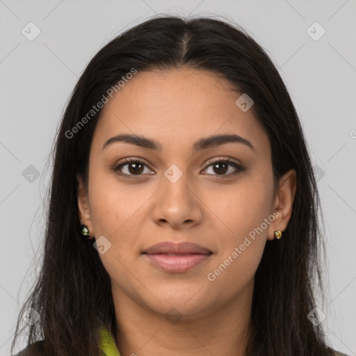 Joyful latino young-adult female with long  brown hair and brown eyes