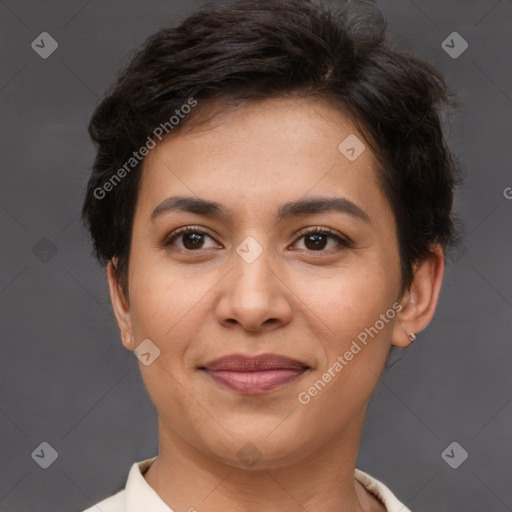 Joyful white young-adult female with short  brown hair and brown eyes