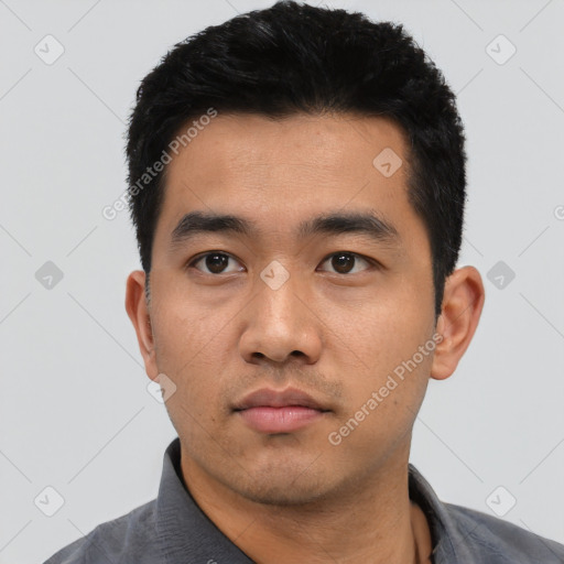 Neutral asian young-adult male with short  black hair and brown eyes