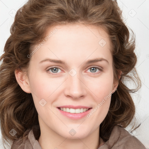 Joyful white young-adult female with long  brown hair and blue eyes