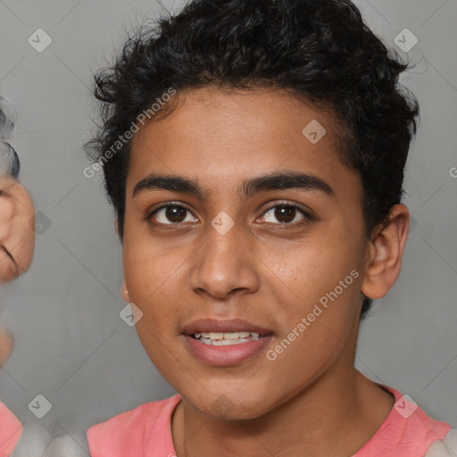 Joyful latino young-adult male with short  brown hair and brown eyes