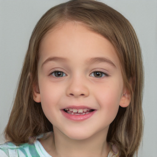 Joyful white child female with medium  brown hair and brown eyes