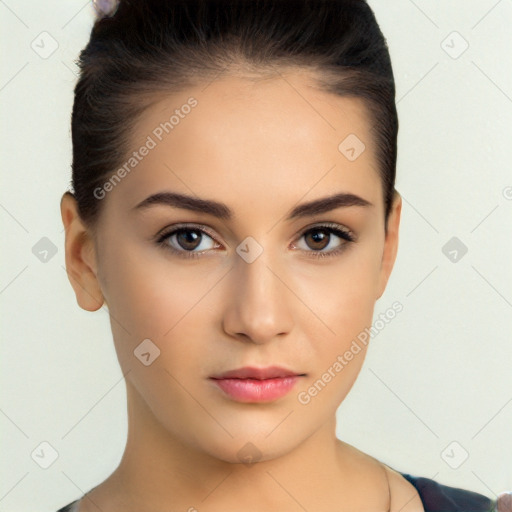 Neutral white young-adult female with long  brown hair and brown eyes