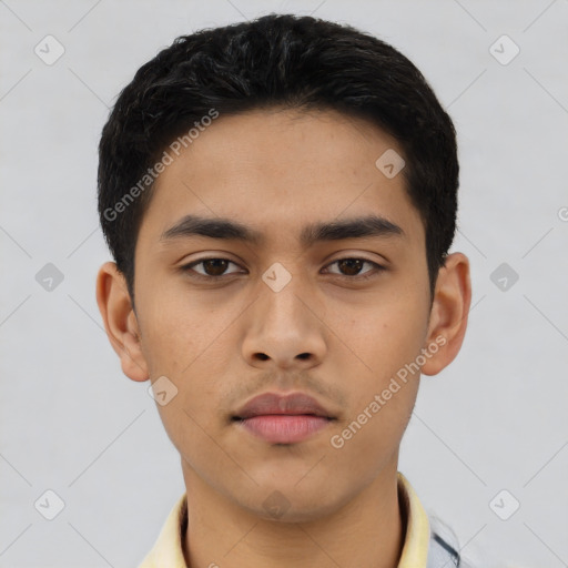 Neutral asian young-adult male with short  black hair and brown eyes