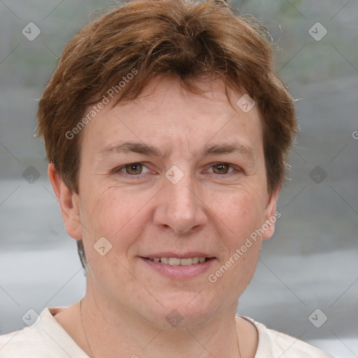 Joyful white adult male with short  brown hair and grey eyes