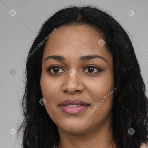 Joyful latino young-adult female with long  black hair and brown eyes