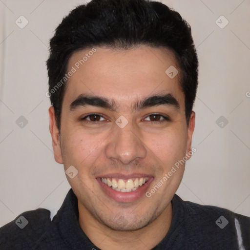 Joyful white young-adult male with short  black hair and brown eyes