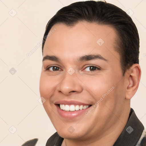 Joyful white young-adult male with short  brown hair and brown eyes