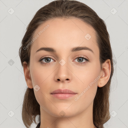 Neutral white young-adult female with medium  brown hair and brown eyes