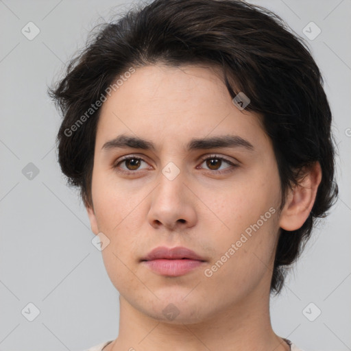 Neutral white young-adult female with medium  brown hair and brown eyes