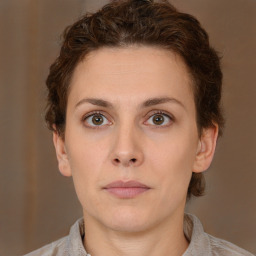 Neutral white young-adult female with short  brown hair and brown eyes