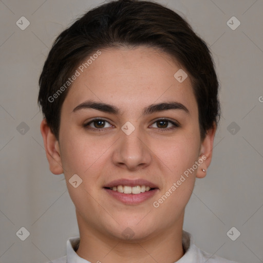 Joyful white young-adult female with short  brown hair and brown eyes