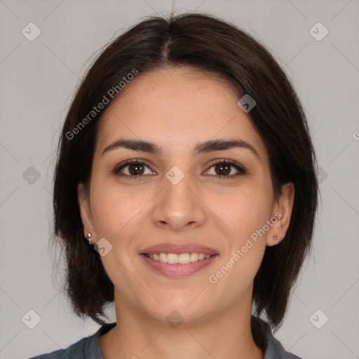 Joyful white young-adult female with medium  brown hair and brown eyes