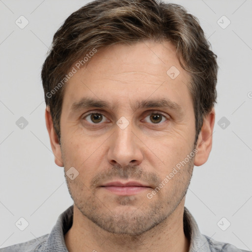 Neutral white adult male with short  brown hair and brown eyes