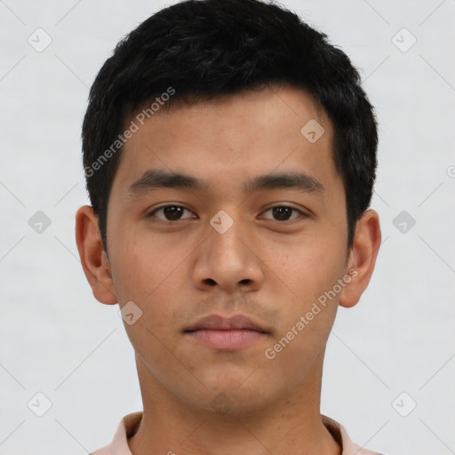 Neutral asian young-adult male with short  black hair and brown eyes