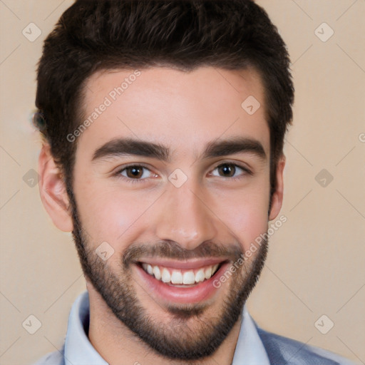 Joyful white young-adult male with short  black hair and brown eyes