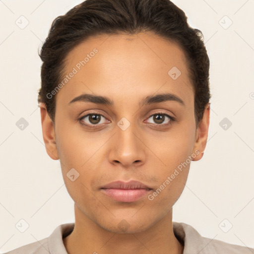 Neutral white young-adult female with short  brown hair and brown eyes