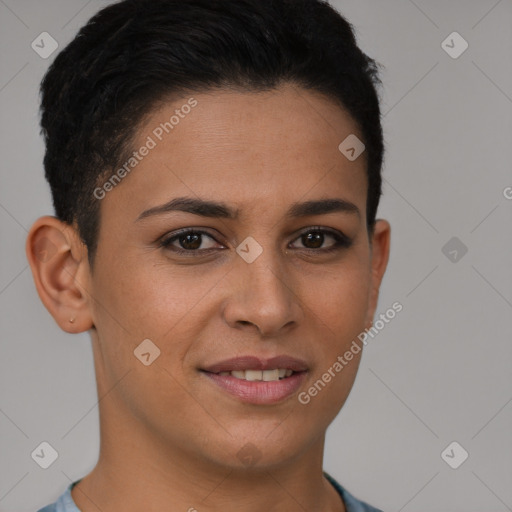 Joyful white young-adult female with short  brown hair and brown eyes