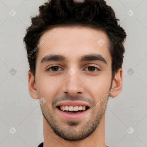 Joyful white young-adult male with short  black hair and brown eyes