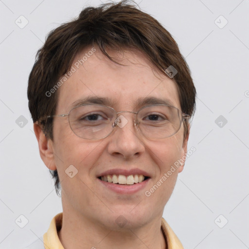 Joyful white adult female with short  brown hair and grey eyes