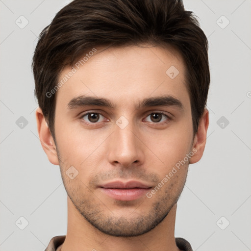 Neutral white young-adult male with short  brown hair and brown eyes