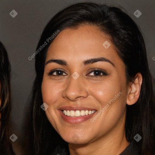 Joyful white young-adult female with long  brown hair and brown eyes