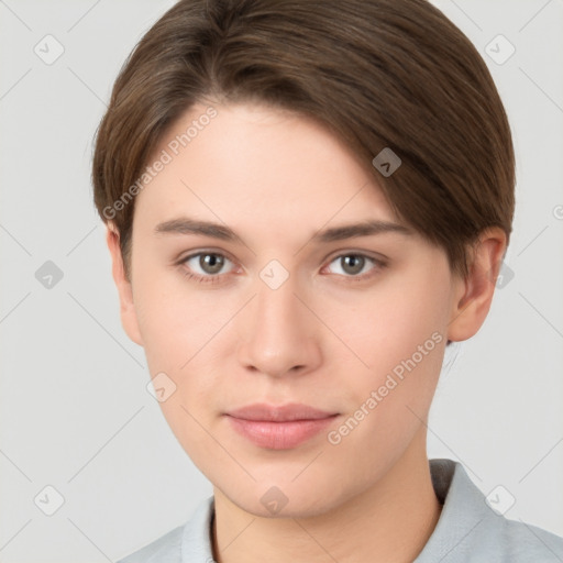 Neutral white young-adult female with short  brown hair and brown eyes