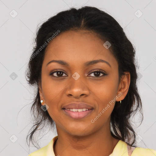 Joyful black young-adult female with long  brown hair and brown eyes