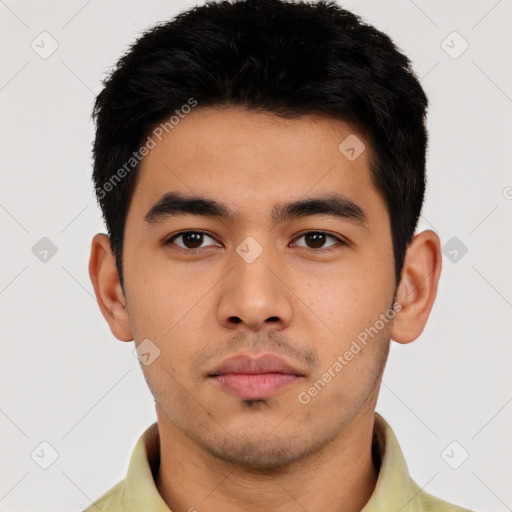 Neutral asian young-adult male with short  black hair and brown eyes