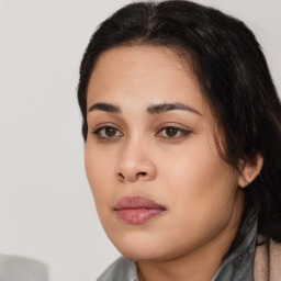 Joyful white young-adult female with medium  black hair and brown eyes