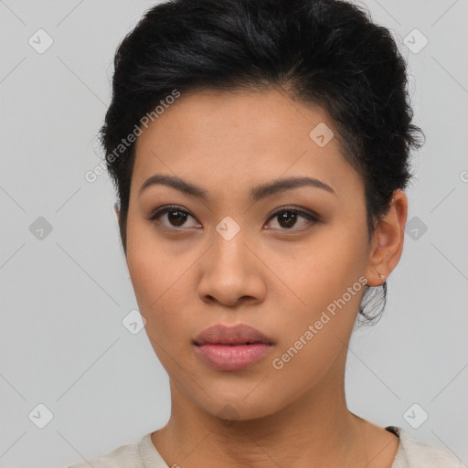 Neutral asian young-adult female with short  brown hair and brown eyes