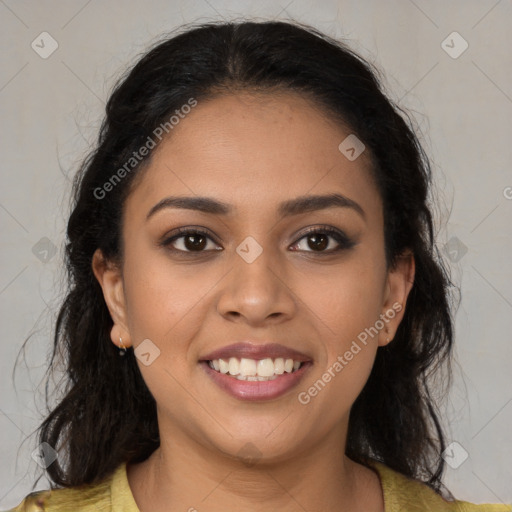 Joyful latino young-adult female with medium  brown hair and brown eyes