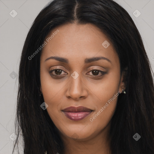 Joyful asian young-adult female with long  brown hair and brown eyes