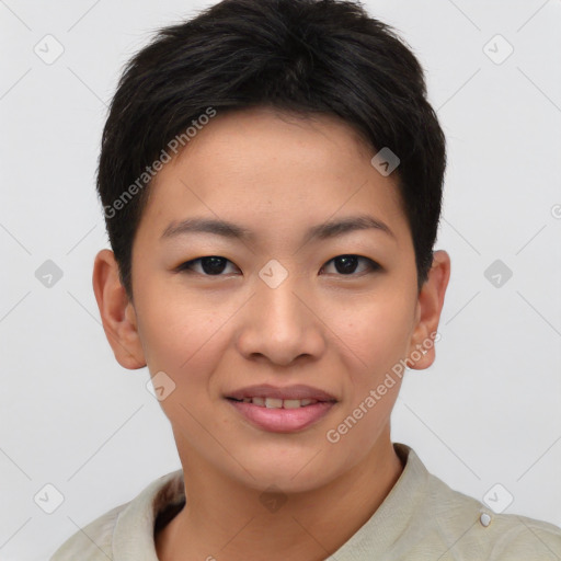 Joyful asian young-adult female with short  brown hair and brown eyes