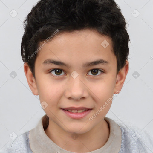 Joyful white child male with short  brown hair and brown eyes